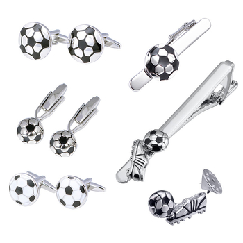 Set din alamă cu butoni de manșetă, clips de cravată și broșă – unisex, temă fotbal, finisaj electroplating, personalizabil