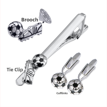 Set din alamă cu butoni de manșetă, clips de cravată și broșă – unisex, temă fotbal, finisaj electroplating, personalizabil