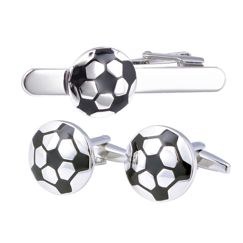 Set din alamă cu butoni de manșetă, clips de cravată și broșă – unisex, temă fotbal, finisaj electroplating, personalizabil