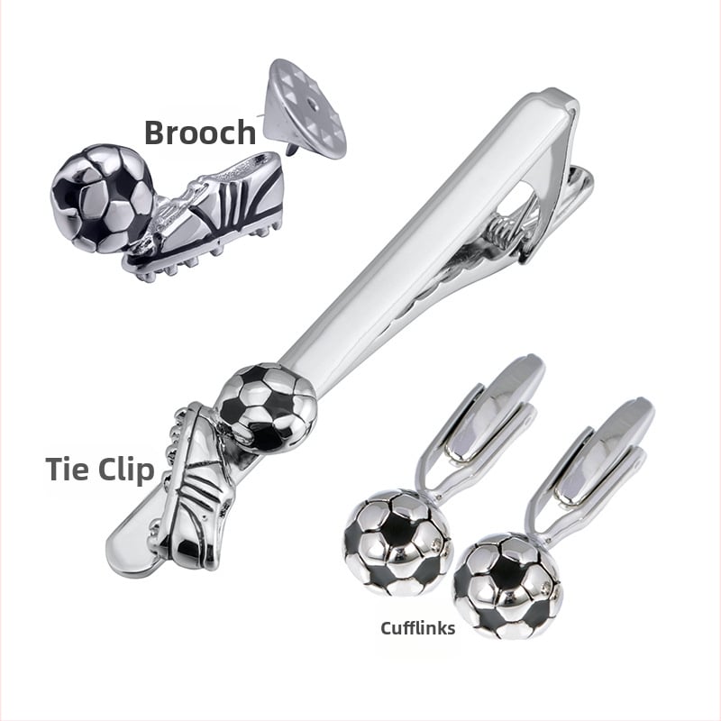 Set din alamă cu butoni de manșetă, clips de cravată și broșă – unisex, temă fotbal, finisaj electroplating, personalizabil