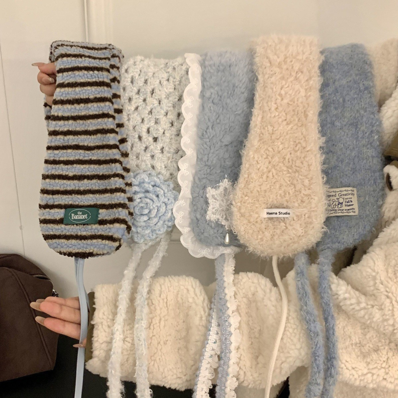 Unisex grijač za uši i šal s vezicama, pamuk, jednobojni, sklopni stil, održava toplinu, zima 2025