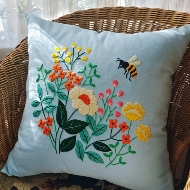 Комплект за бродиране върху възглавница DIY с платно в европейски стил, пръстова бродерия, мотиви птици и цветя, инструмент с кръгла игла