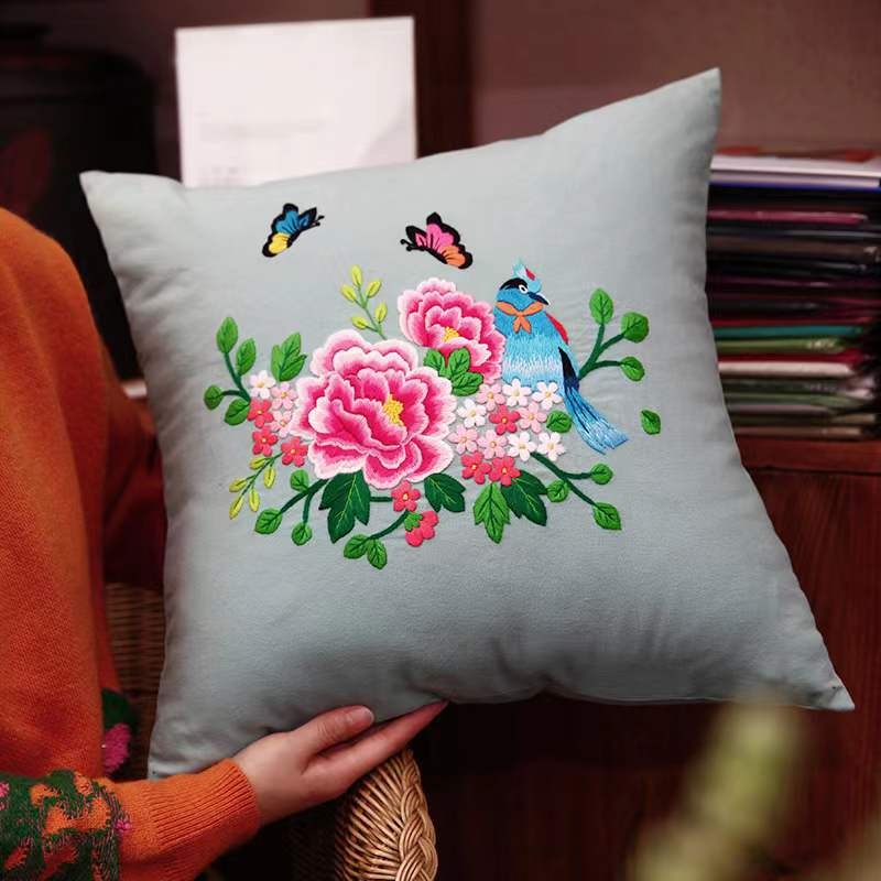 Комплект за бродиране върху възглавница DIY с платно в европейски стил, пръстова бродерия, мотиви птици и цветя, инструмент с кръгла игла