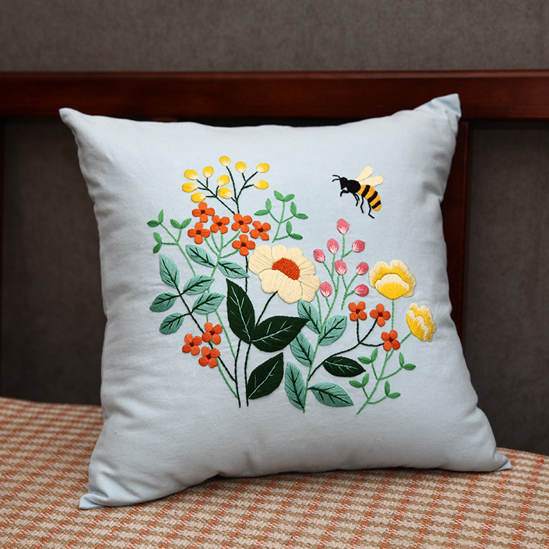 Комплект за бродиране върху възглавница DIY с платно в европейски стил, пръстова бродерия, мотиви птици и цветя, инструмент с кръгла игла