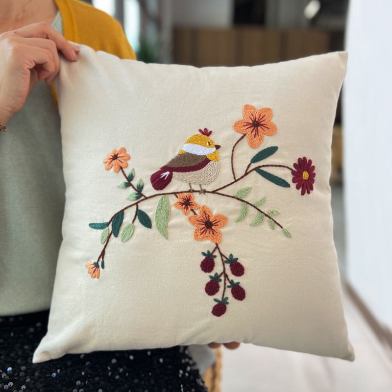 Комплект за бродиране върху възглавница DIY с платно в европейски стил, пръстова бродерия, мотиви птици и цветя, инструмент с кръгла игла