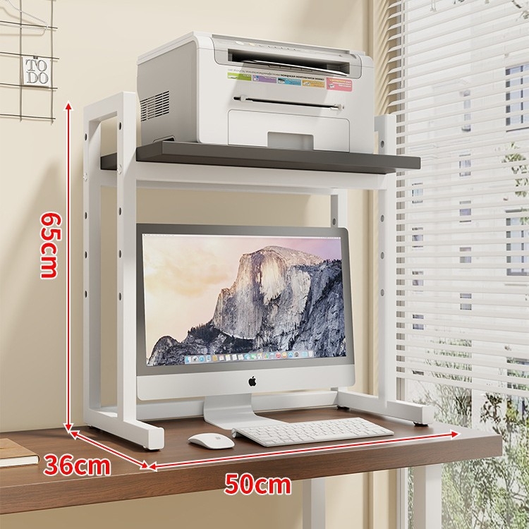 Regulējams printera statīvs un datora korpusa statīvs uz galda, divslāņu, tērauda un koka materiāli, moderns minimālisma dizains