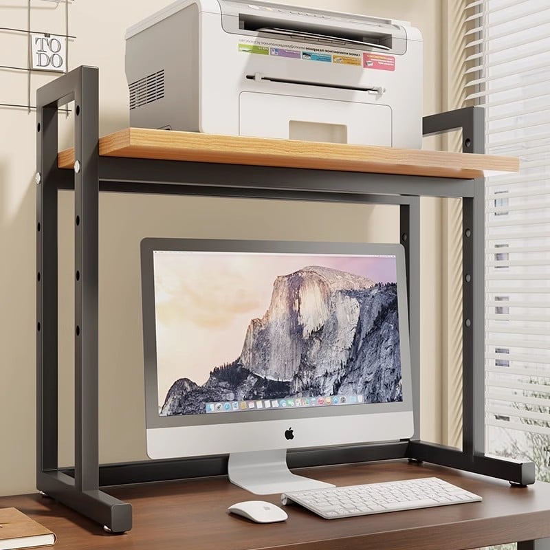 Regulējams printera statīvs un datora korpusa statīvs uz galda, divslāņu, tērauda un koka materiāli, moderns minimālisma dizains