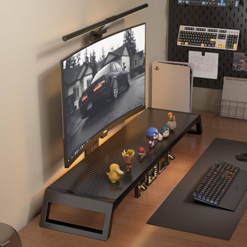 Datora monitoru statīvs ar uzglabāšanas plauktu, koka/bambusa materiāls, daudzfunkcionāls, viens līmenis, piemērots darbam uz galda, guļamistabā vai viesistabā