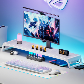 Datora monitoru statīvs ar uzglabāšanas plauktu, koka/bambusa materiāls, daudzfunkcionāls, viens līmenis, piemērots darbam uz galda, guļamistabā vai viesistabā