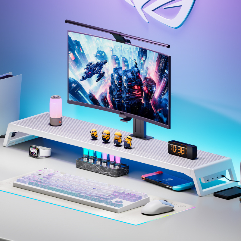 Datora monitoru statīvs ar uzglabāšanas plauktu, koka/bambusa materiāls, daudzfunkcionāls, viens līmenis, piemērots darbam uz galda, guļamistabā vai viesistabā