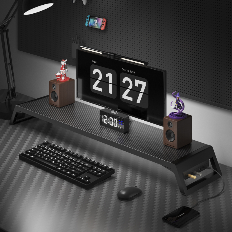 Datora monitoru statīvs ar uzglabāšanas plauktu, koka/bambusa materiāls, daudzfunkcionāls, viens līmenis, piemērots darbam uz galda, guļamistabā vai viesistabā