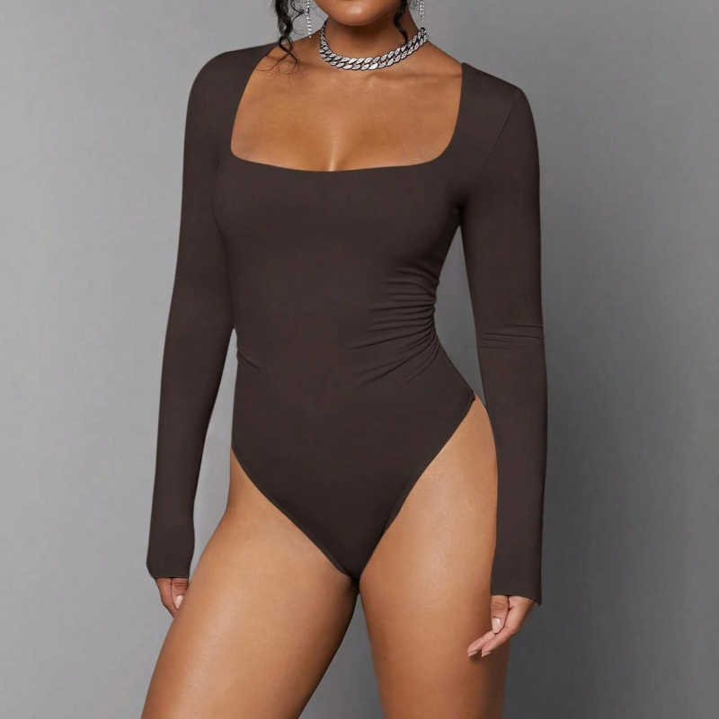 Женски гащеризон с дълги ръкави и квадратно деколте, материя Milk Silk, плътен трикотаж, талия средна, крачол 3/4