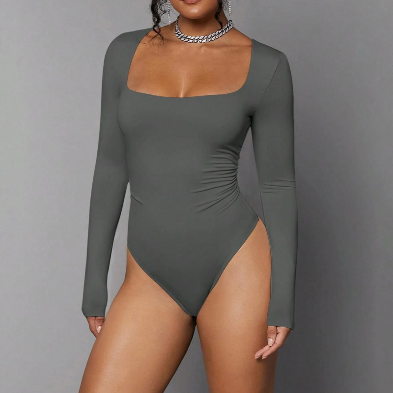 Женски гащеризон с дълги ръкави и квадратно деколте, материя Milk Silk, плътен трикотаж, талия средна, крачол 3/4