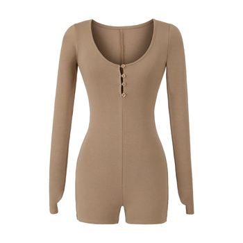 Комбинезон с дълги ръкави, плетен памук-еластан, талия средна, крачоли до три четвърти