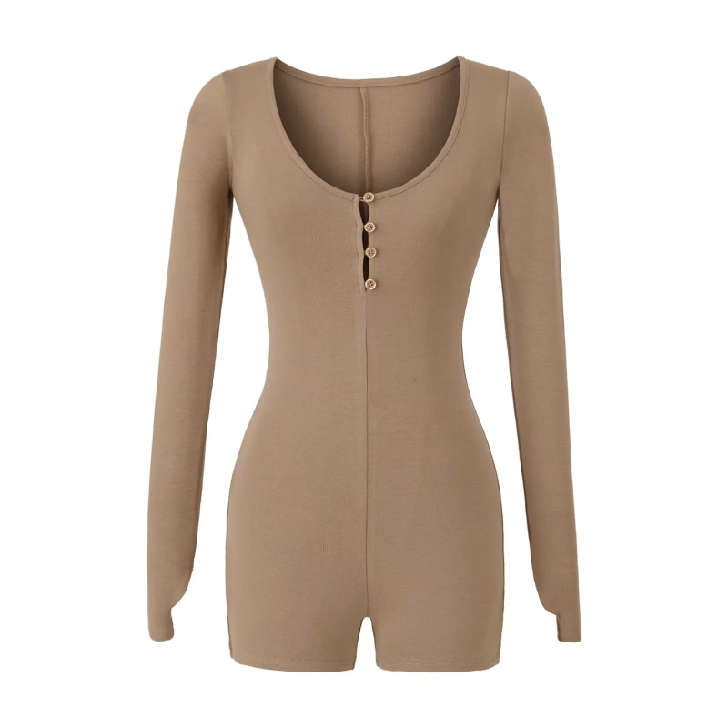 Комбинезон с дълги ръкави, плетен памук-еластан, талия средна, крачоли до три четвърти