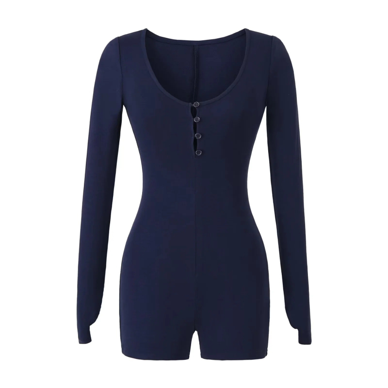 Комбинезон с дълги ръкави, плетен памук-еластан, талия средна, крачоли до три четвърти