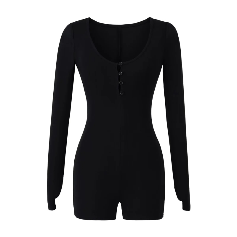 Комбинезон с дълги ръкави, плетен памук-еластан, талия средна, крачоли до три четвърти