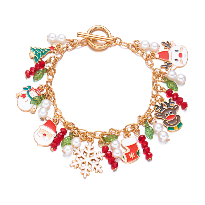 Kézzel készített karkötő medállal: mézeskalácsfigura és karácsonyfa, cinkötvözet, nőknek