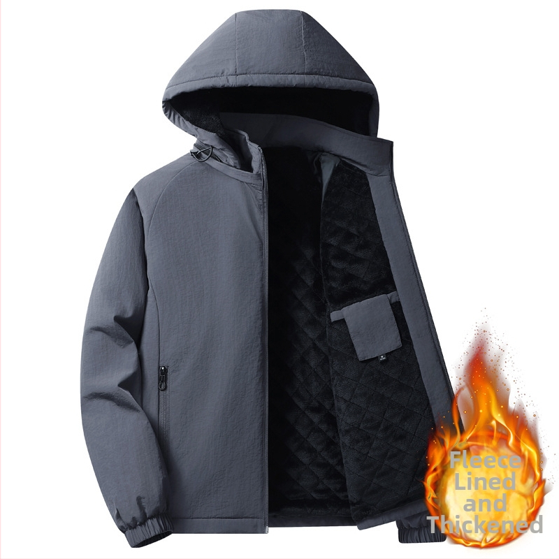 Meeste puuvillane mantel fleece voodriga, kapuutsiga, tõmblukuga, püsti kaelus, vaba lõige, külje taskud