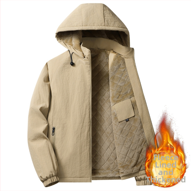 Meeste puuvillane mantel fleece voodriga, kapuutsiga, tõmblukuga, püsti kaelus, vaba lõige, külje taskud