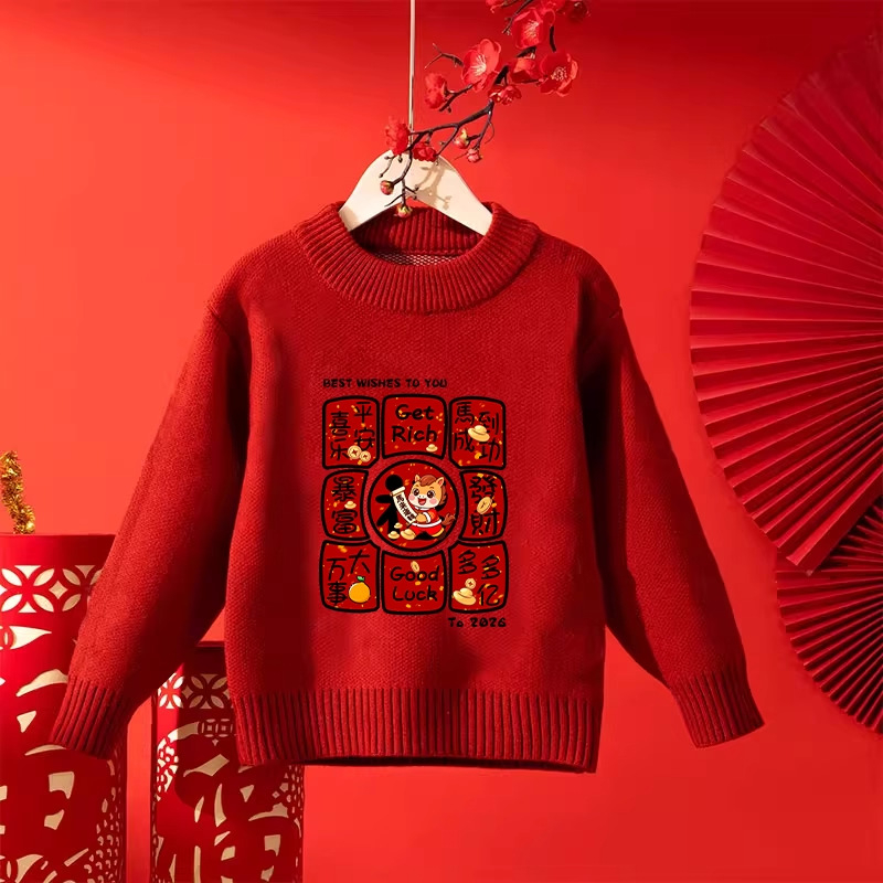 Bērnu adīta džemperis ar Zirga gada tēmu – unisex, apaļš kakls, garas piedurknes, piemērots rudenim, ziemai un pavasarim