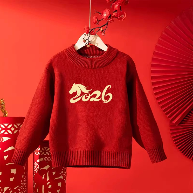 Bērnu adīta džemperis ar Zirga gada tēmu – unisex, apaļš kakls, garas piedurknes, piemērots rudenim, ziemai un pavasarim