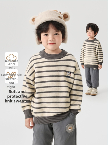 Zēnu adīts džemperis ar apaļu kaklu, garām piedurknēm, karikatūras raksts, viskozes maisījums, ziemai