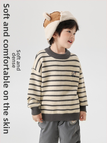 Zēnu adīts džemperis ar apaļu kaklu, garām piedurknēm, karikatūras raksts, viskozes maisījums, ziemai