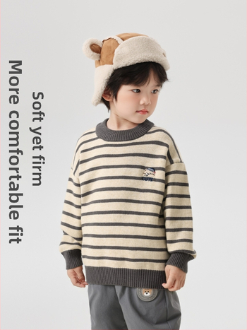 Zēnu adīts džemperis ar apaļu kaklu, garām piedurknēm, karikatūras raksts, viskozes maisījums, ziemai