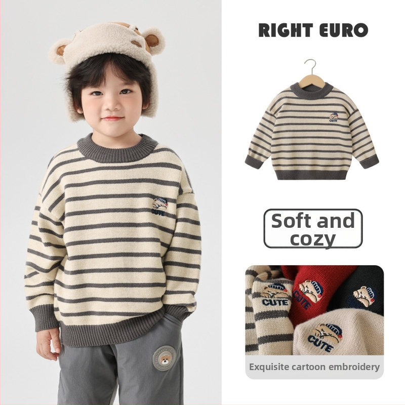 Zēnu adīts džemperis ar apaļu kaklu, garām piedurknēm, karikatūras raksts, viskozes maisījums, ziemai