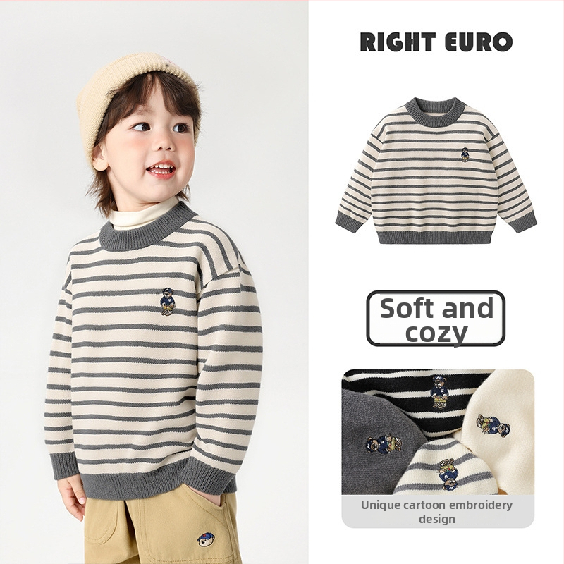 Zēnu adīts džemperis ar apaļu kaklu, garām piedurknēm, karikatūras raksts, viskozes maisījums, ziemai