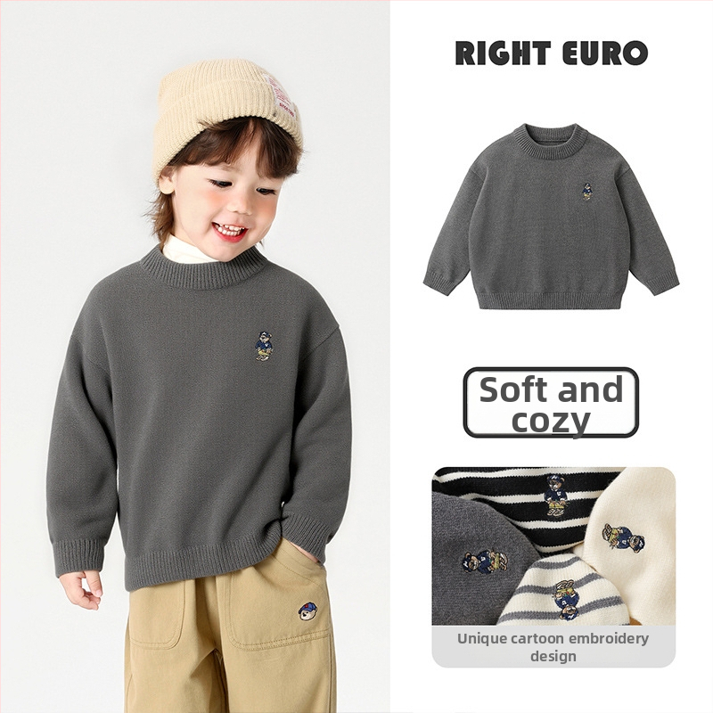 Zēnu adīts džemperis ar apaļu kaklu, garām piedurknēm, karikatūras raksts, viskozes maisījums, ziemai