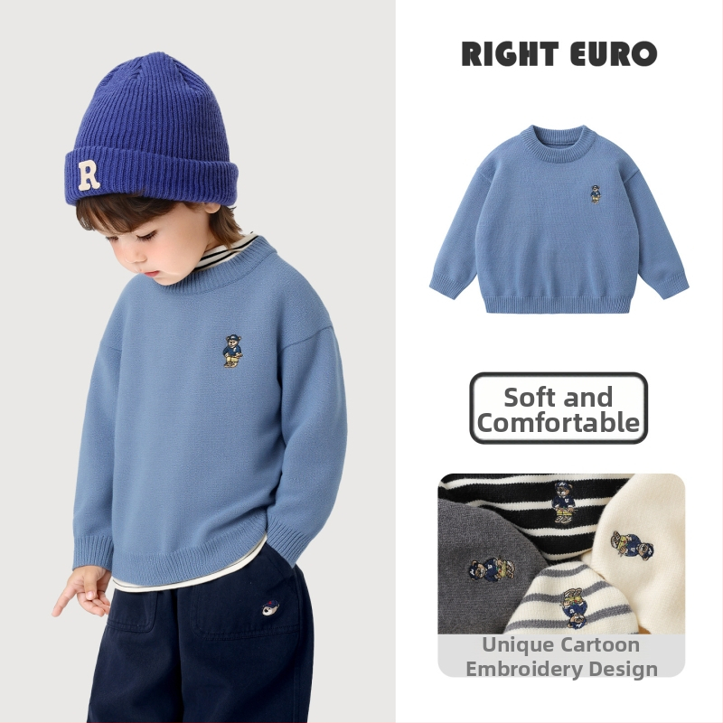 Zēnu adīts džemperis ar apaļu kaklu, garām piedurknēm, karikatūras raksts, viskozes maisījums, ziemai