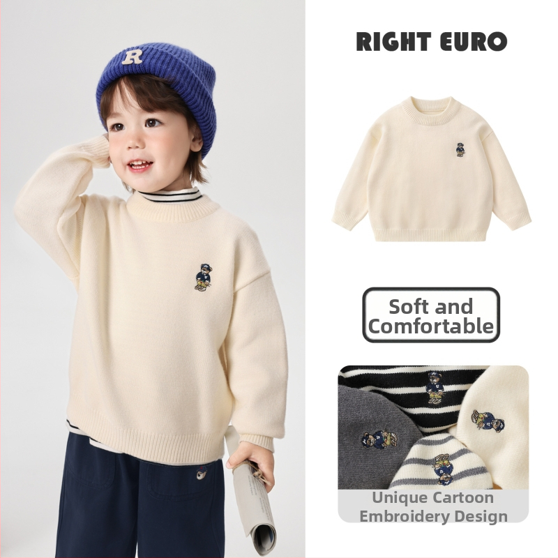 Zēnu adīts džemperis ar apaļu kaklu, garām piedurknēm, karikatūras raksts, viskozes maisījums, ziemai