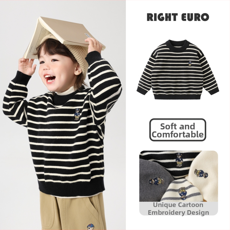 Zēnu adīts džemperis ar apaļu kaklu, garām piedurknēm, karikatūras raksts, viskozes maisījums, ziemai