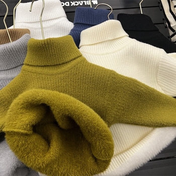 Unisex bērnu džemperis Korejas stilā ziemai, biezi adīts ar velūra oderējumu un augstu kaklu, vecuma grupa 3–8 gadi, adījuma soli 12–14 acis uz 3 cm, galvenais materiāls: norka kažokāda