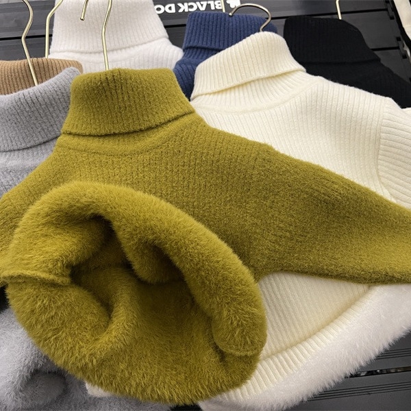 Unisex bērnu džemperis Korejas stilā ziemai, biezi adīts ar velūra oderējumu un augstu kaklu, vecuma grupa 3–8 gadi, adījuma soli 12–14 acis uz 3 cm, galvenais materiāls: norka kažokāda