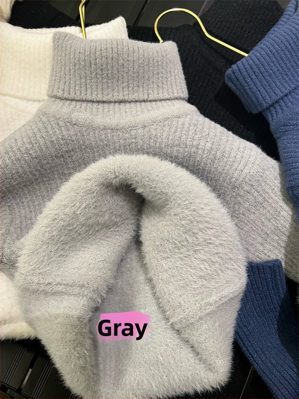 Unisex bērnu džemperis Korejas stilā ziemai, biezi adīts ar velūra oderējumu un augstu kaklu, vecuma grupa 3–8 gadi, adījuma soli 12–14 acis uz 3 cm, galvenais materiāls: norka kažokāda