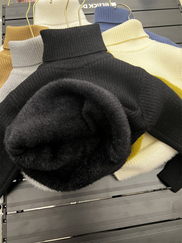 Unisex bērnu džemperis Korejas stilā ziemai, biezi adīts ar velūra oderējumu un augstu kaklu, vecuma grupa 3–8 gadi, adījuma soli 12–14 acis uz 3 cm, galvenais materiāls: norka kažokāda