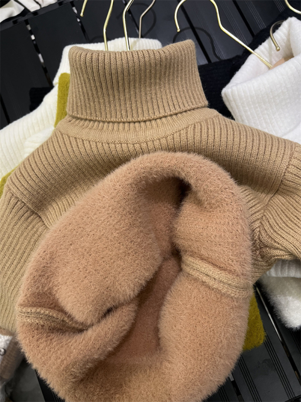 Unisex bērnu džemperis Korejas stilā ziemai, biezi adīts ar velūra oderējumu un augstu kaklu, vecuma grupa 3–8 gadi, adījuma soli 12–14 acis uz 3 cm, galvenais materiāls: norka kažokāda