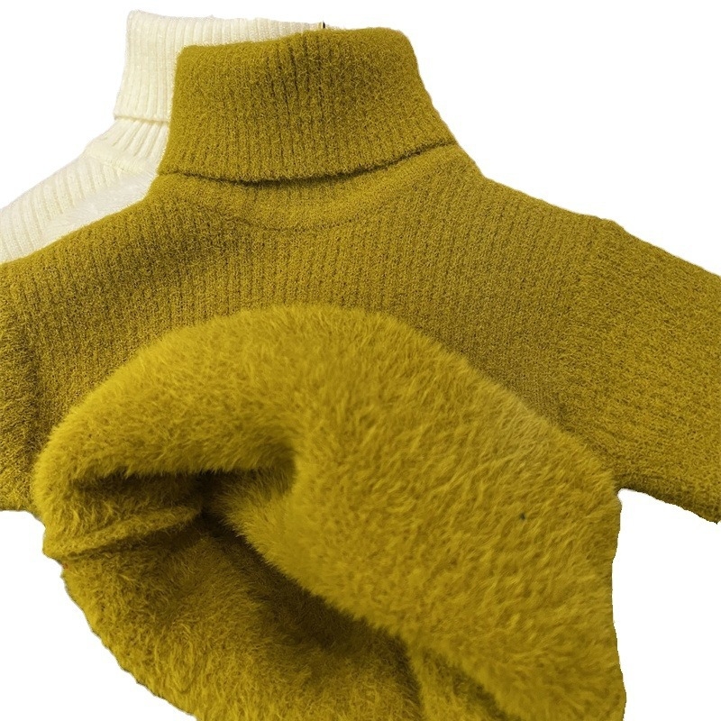 Unisex bērnu džemperis Korejas stilā ziemai, biezi adīts ar velūra oderējumu un augstu kaklu, vecuma grupa 3–8 gadi, adījuma soli 12–14 acis uz 3 cm, galvenais materiāls: norka kažokāda