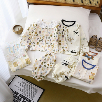 Vaikų ilgų rankovių pižamų komplektas, medvilninė gauzė, 100% medvilnė, gyvūnų ir animacinių filmų raštas, vasara, amžius 3–8 metai