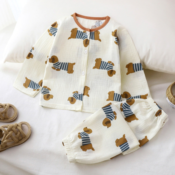 Vaikų ilgų rankovių pižamų komplektas, medvilninė gauzė, 100% medvilnė, gyvūnų ir animacinių filmų raštas, vasara, amžius 3–8 metai