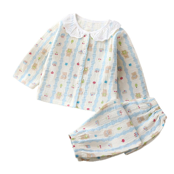 Vaikų ilgų rankovių pižamų komplektas, medvilninė gauzė, 100% medvilnė, gyvūnų ir animacinių filmų raštas, vasara, amžius 3–8 metai