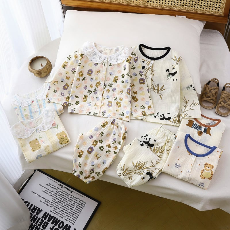 Vaikų ilgų rankovių pižamų komplektas, medvilninė gauzė, 100% medvilnė, gyvūnų ir animacinių filmų raštas, vasara, amžius 3–8 metai