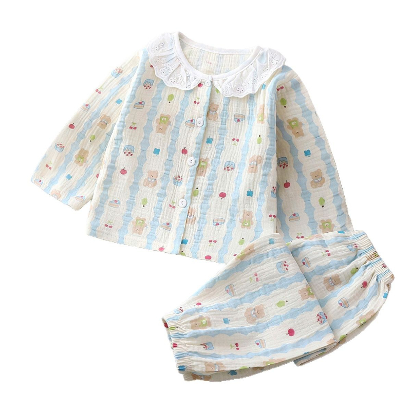 Vaikų ilgų rankovių pižamų komplektas, medvilninė gauzė, 100% medvilnė, gyvūnų ir animacinių filmų raštas, vasara, amžius 3–8 metai