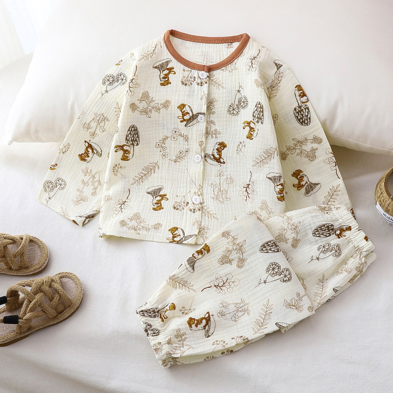 Vaikų ilgų rankovių pižamų komplektas, medvilninė gauzė, 100% medvilnė, gyvūnų ir animacinių filmų raštas, vasara, amžius 3–8 metai