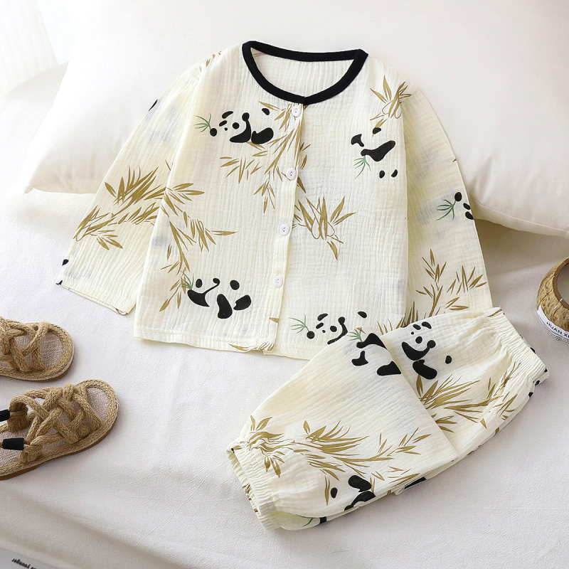 Vaikų ilgų rankovių pižamų komplektas, medvilninė gauzė, 100% medvilnė, gyvūnų ir animacinių filmų raštas, vasara, amžius 3–8 metai
