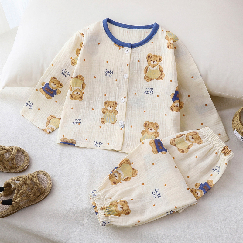 Vaikų ilgų rankovių pižamų komplektas, medvilninė gauzė, 100% medvilnė, gyvūnų ir animacinių filmų raštas, vasara, amžius 3–8 metai