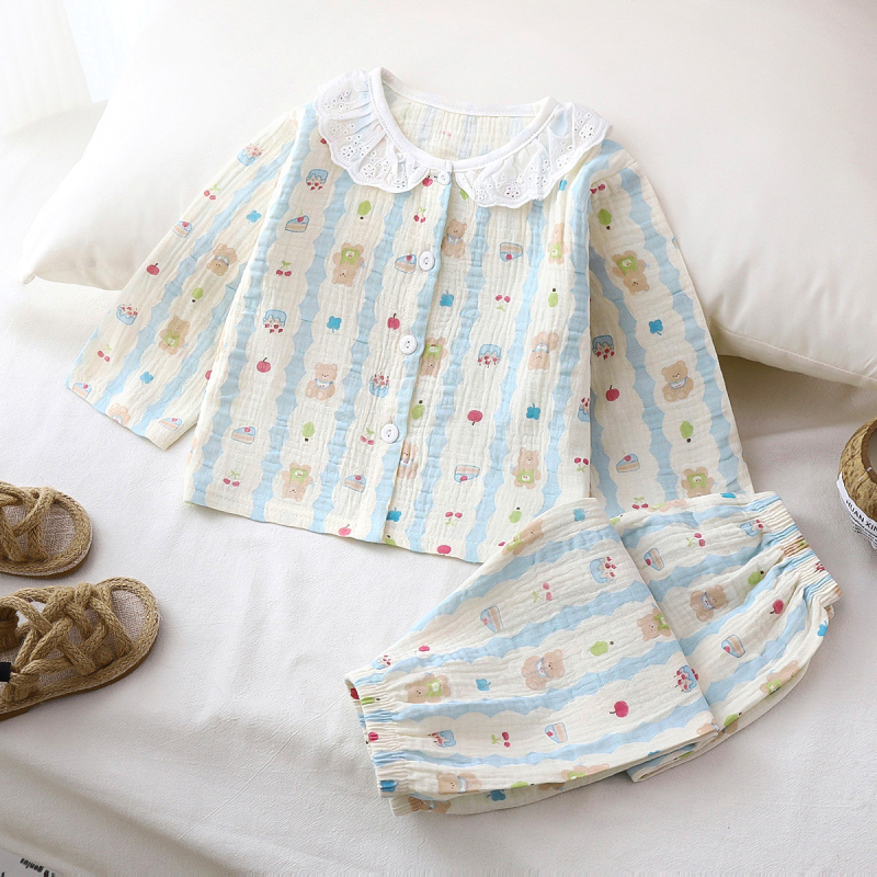 Vaikų ilgų rankovių pižamų komplektas, medvilninė gauzė, 100% medvilnė, gyvūnų ir animacinių filmų raštas, vasara, amžius 3–8 metai